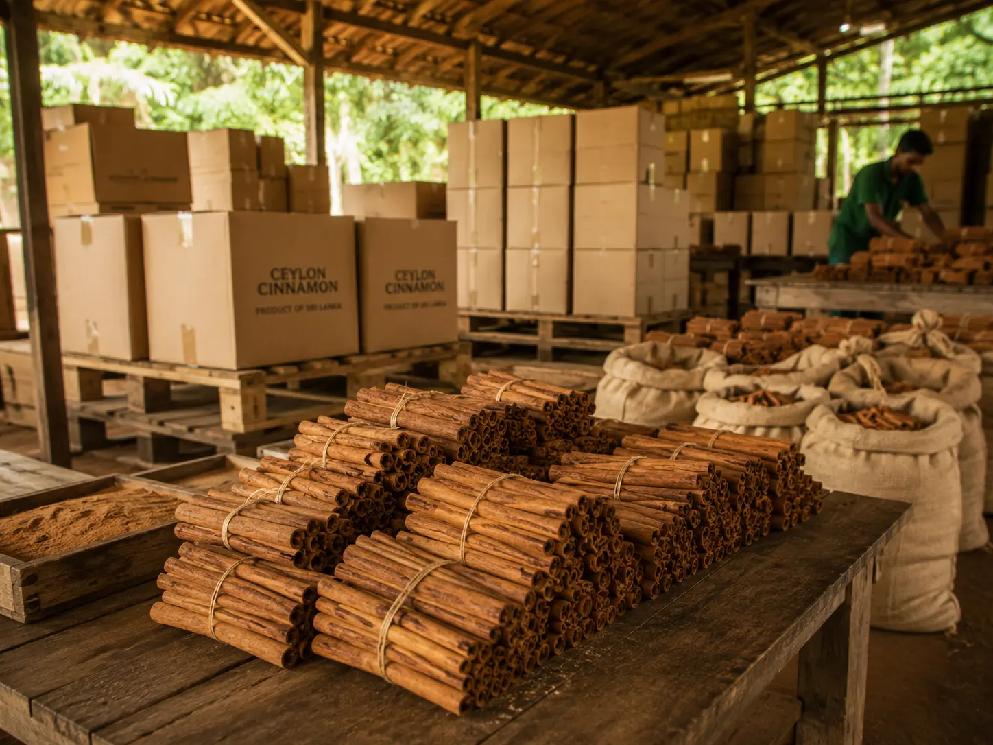Export cartons and jute sacks stacked on a warehouse floor