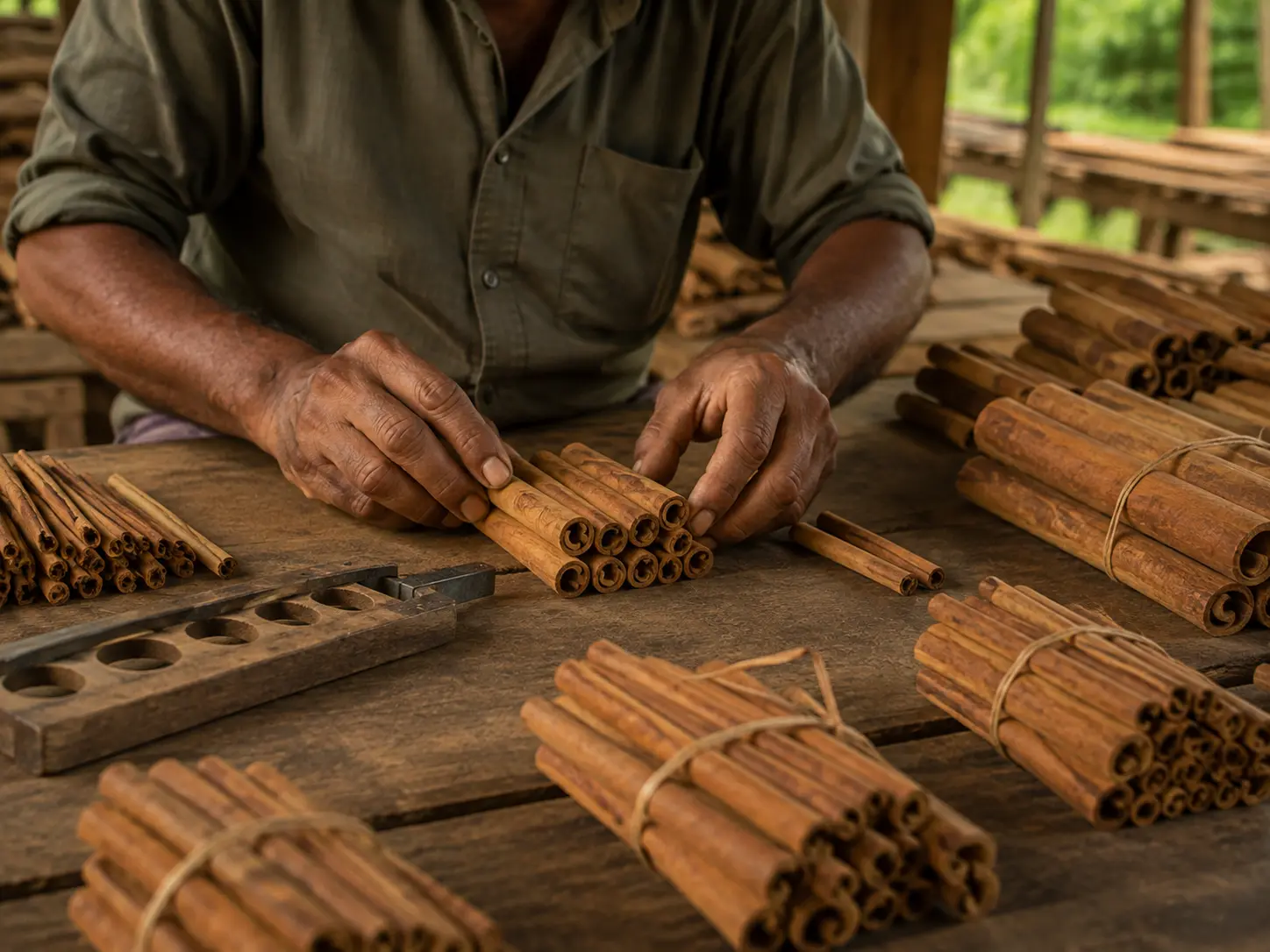 Hands sorting cinnamon quills by diameter beside bundles tied with twine