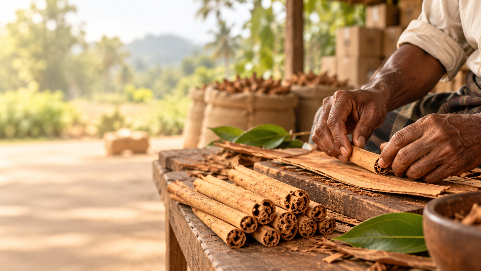A cinnamon peeler rolling quills by hand at an outdoor workbench