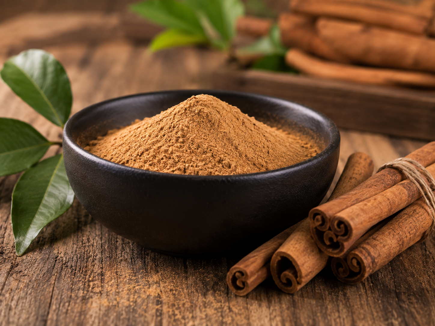 A dark bowl of freshly ground Ceylon cinnamon beside bundled quills