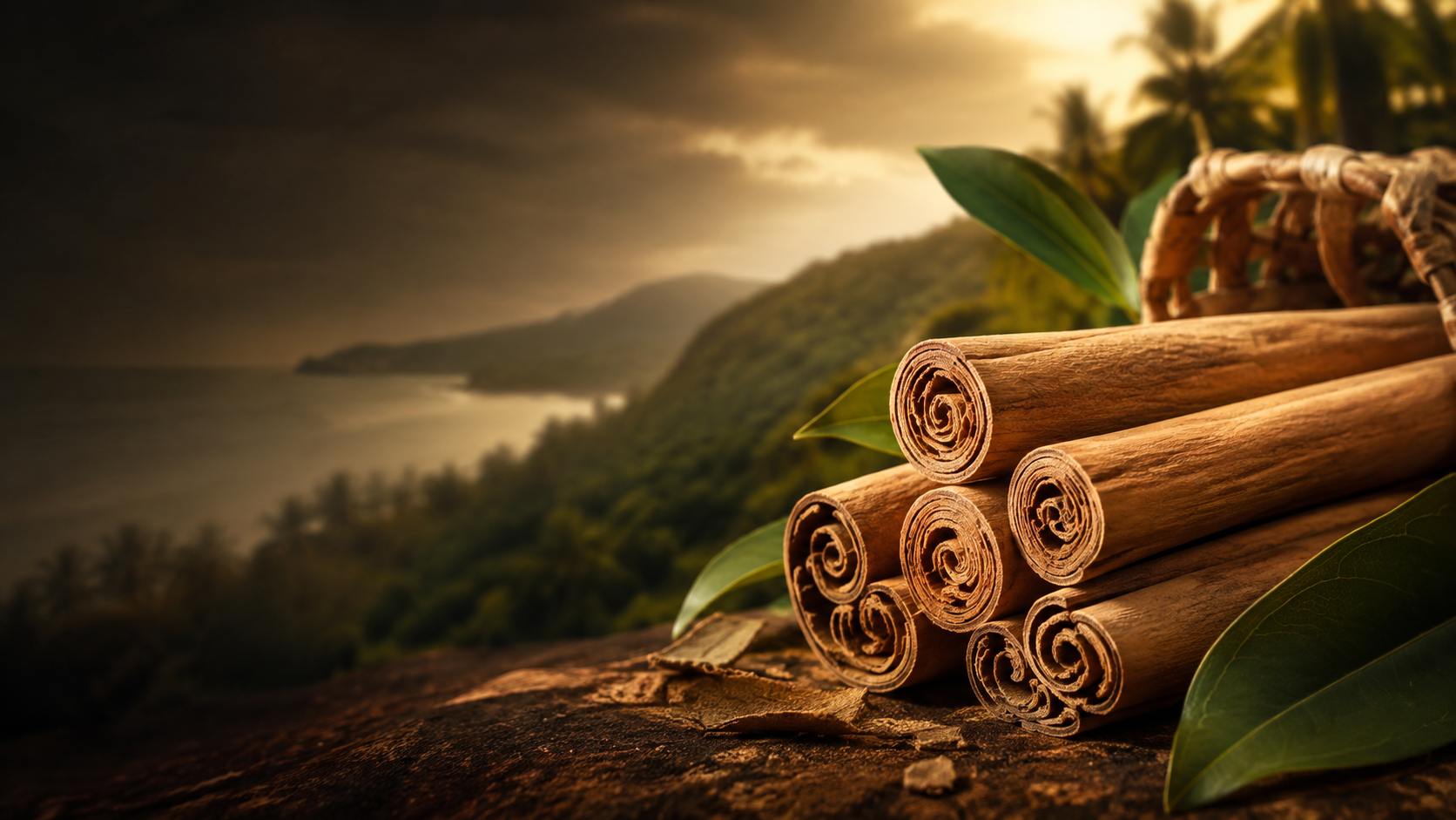 Cinnamon quills with fine curled layers resting on a rock above a green coastline at golden hour