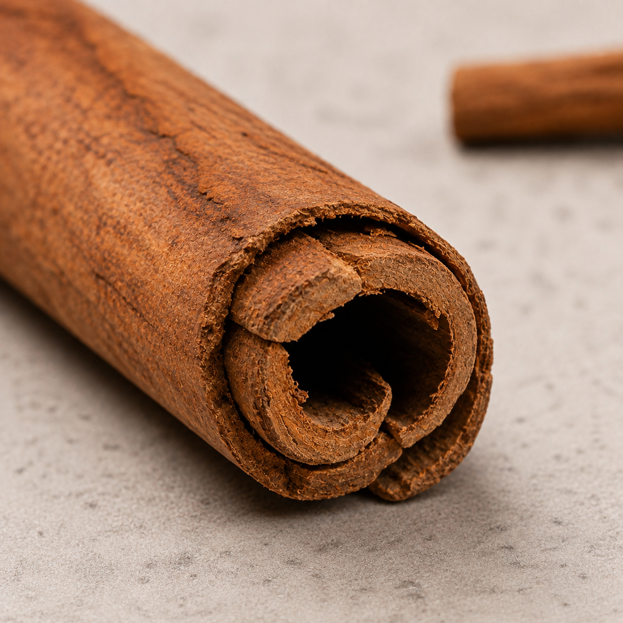 A single thick, hard, dark red-brown cassia bark curl on pale stone