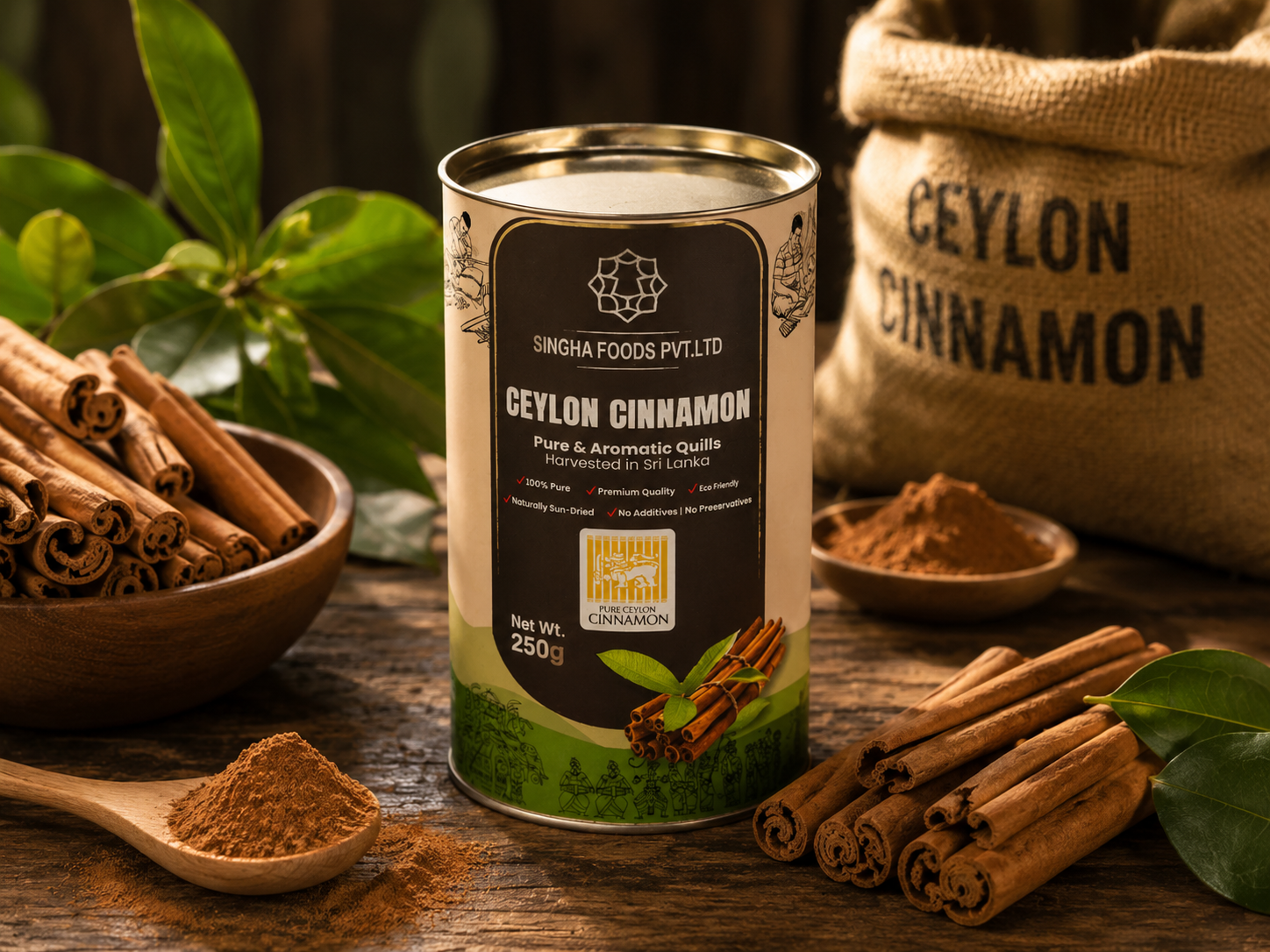 A sealed tin of Ceylon cinnamon beside quills and ground cinnamon