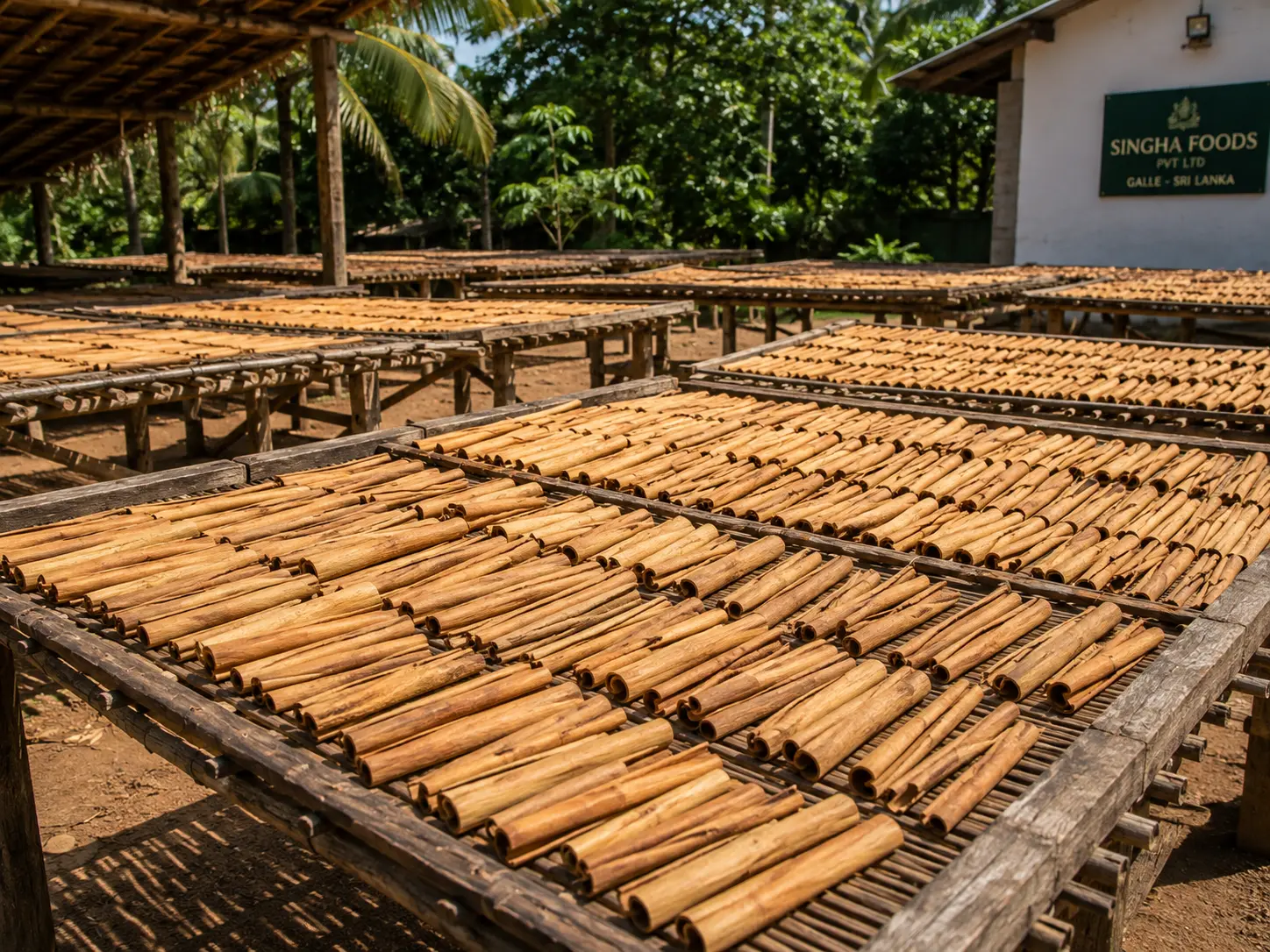 Cinnamon quills drying on open air bamboo racks