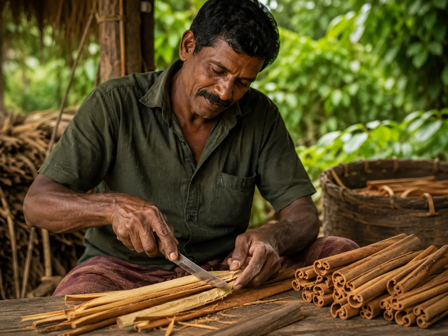 Hands rolling strips of cinnamon bark into quills at a wooden bench