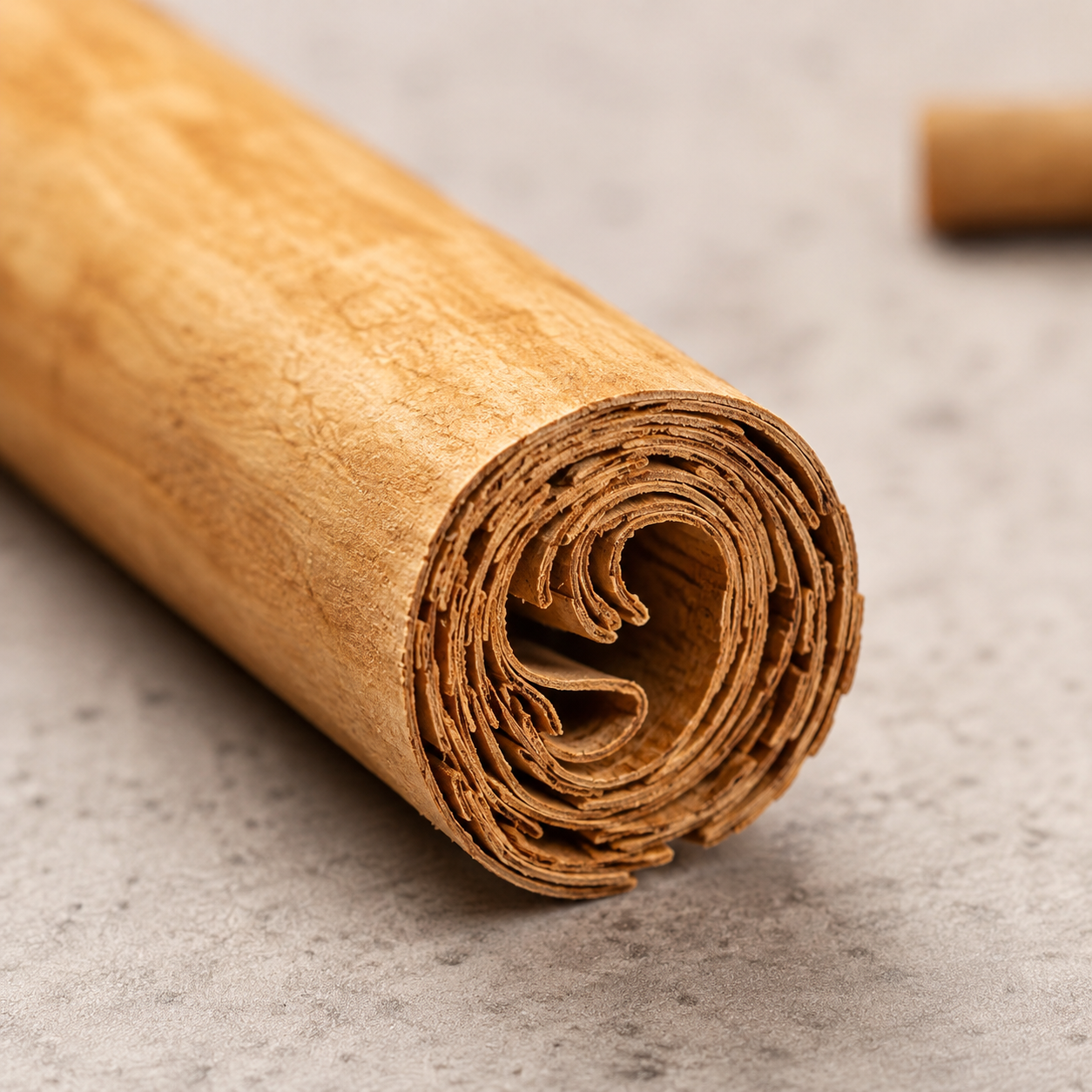 A pale tan Ceylon cinnamon quill on stone, its many paper-thin bark layers visible at the cut end